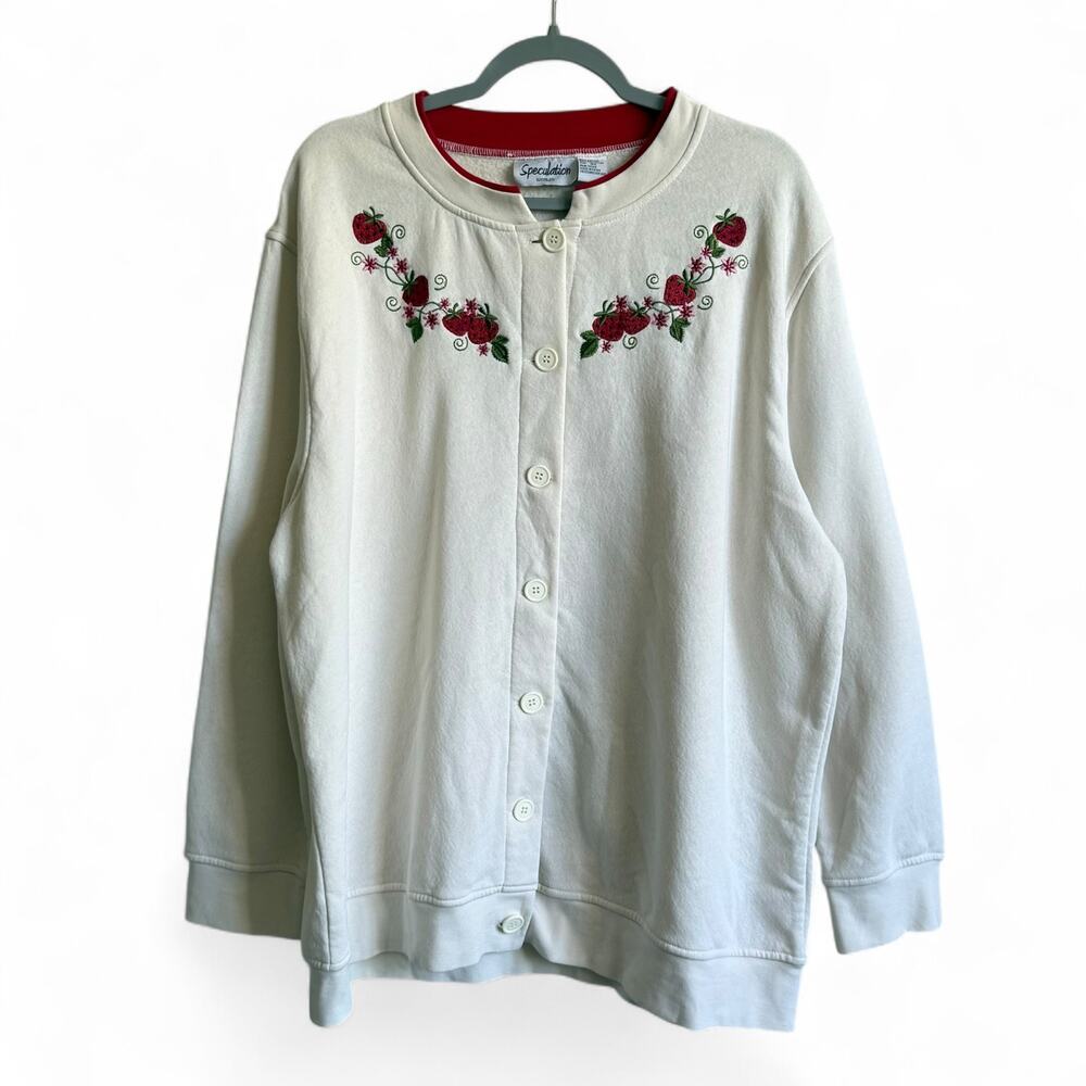 Vintage Speculation strawberry embroidered cream button up cardigan XL